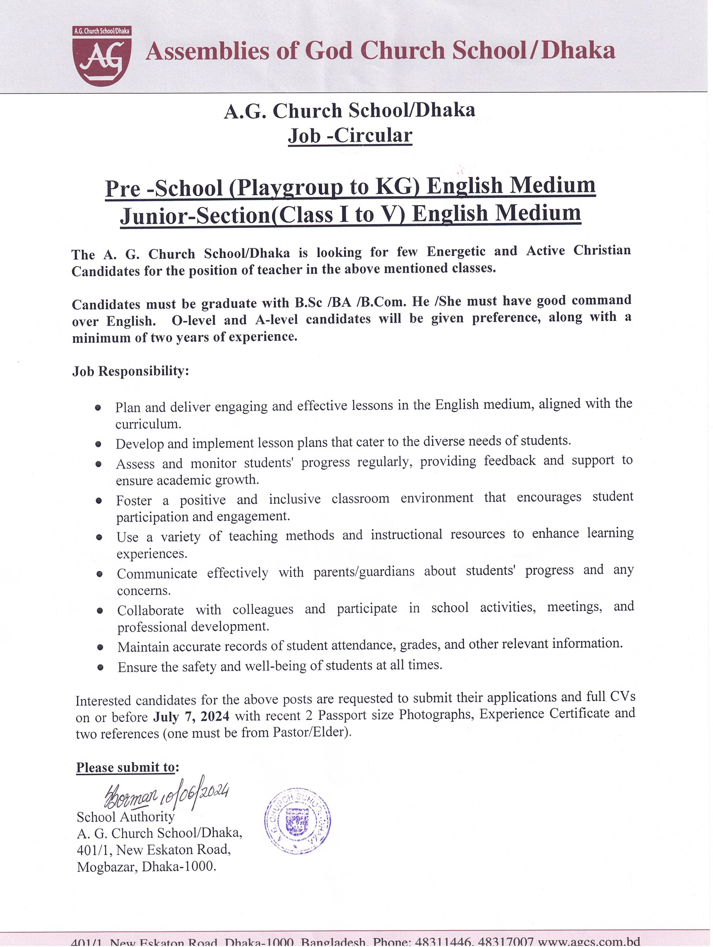 Job Circular for Teaching Positions in Pre-School and Junior Section (English Medium)